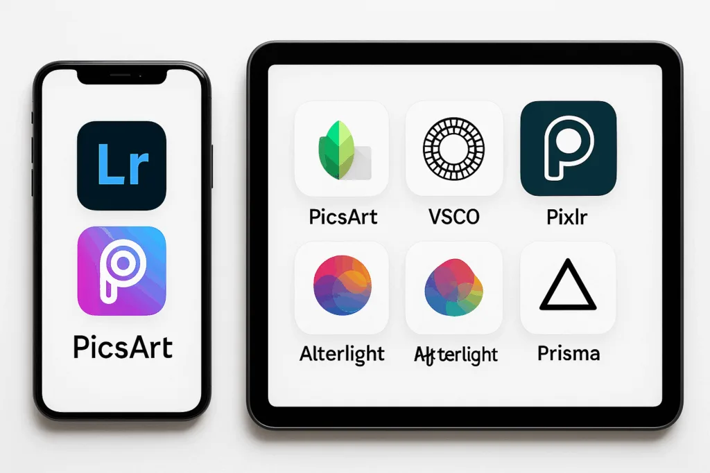 Kolase ikon aplikasi edit foto populer di ponsel dan tablet, 2025